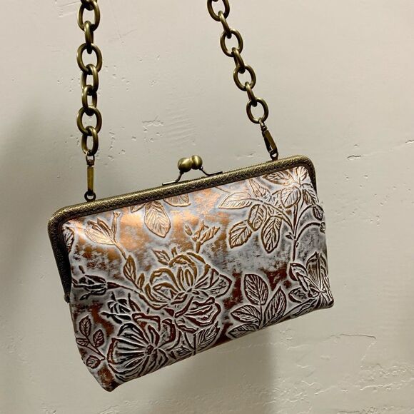 Handmade Genuine Cowhide Floral Embossed Kisslock Clutch/Shoulder Bag/Crossbody - Picture 7 of 16